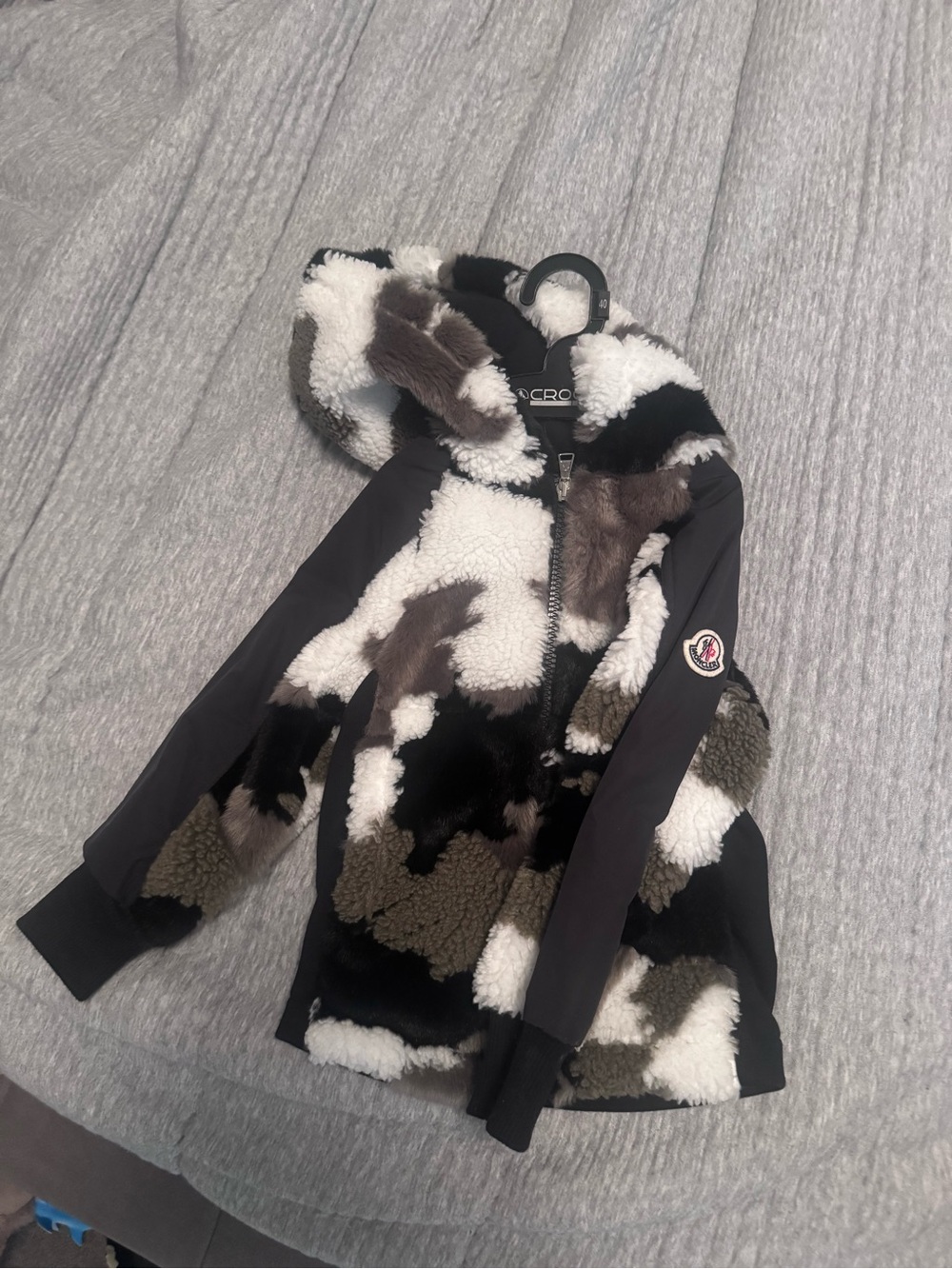 Moncler Kids Black, White & Brown Sherpa Hooded Puffer Jacket